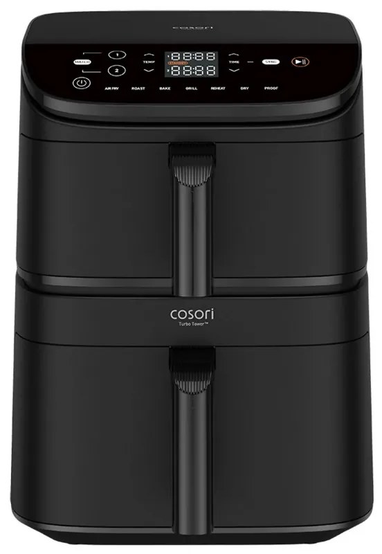 Cosori CAF-DC121-Ader Turbo Tower Διπλή φριτέζα ζεστού αέρα, 2630W, 4.3/6.5 L, 7 προγράμματα, 30-230C, έλεγχος αφής, χρονοδιακόπτης, κρύοι τοίχοι, μαύρο