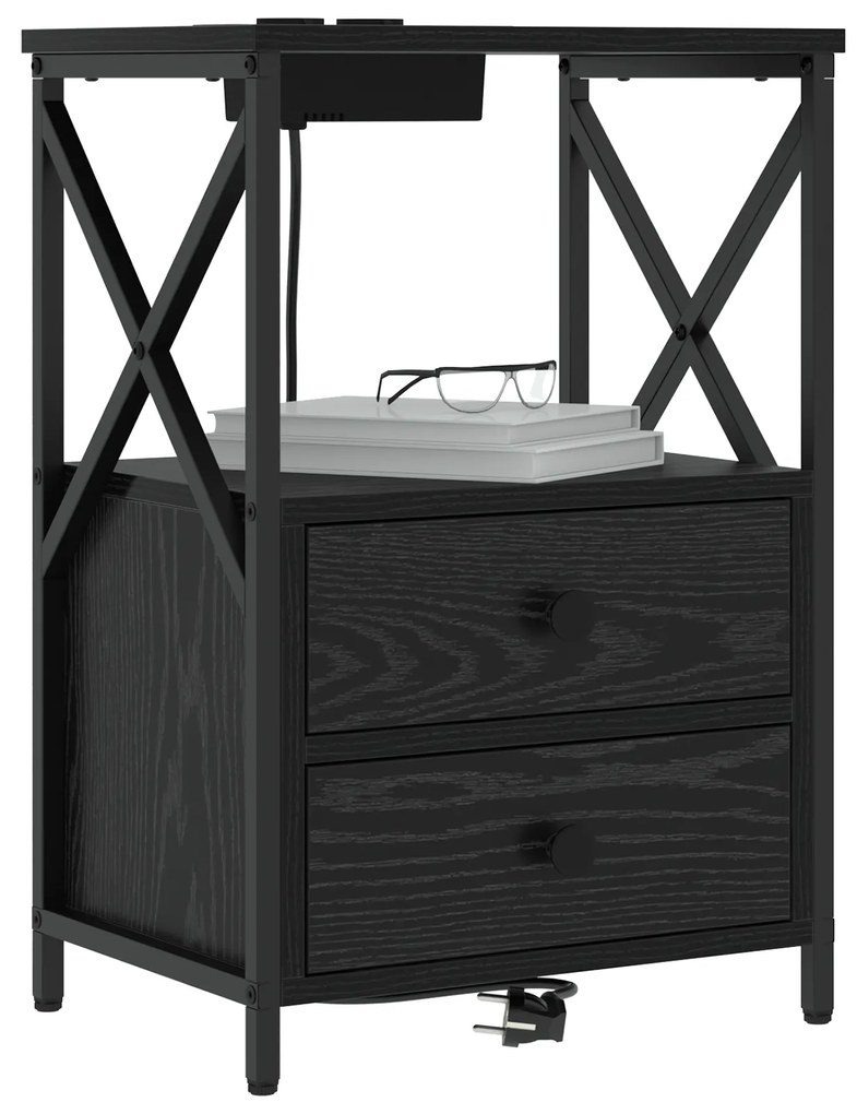 vidaXL Κομοδίνο με Σταθμό Φόρτισης 2 pcs Μαύρη δρυς Επεξεργασμένο ξύλο