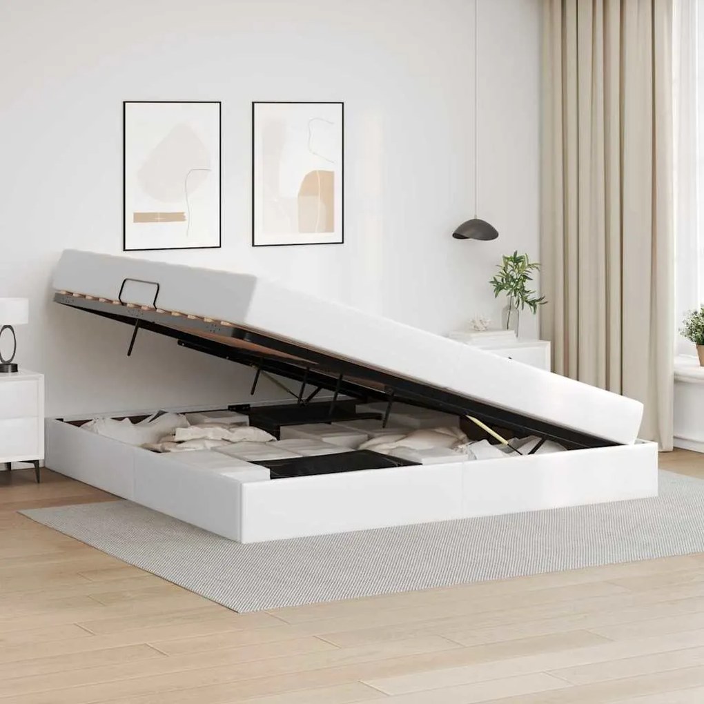 vidaXL Κρεβάτι με αποθηκευτικό χώρο και στρώμα 2 pcs Λευκό Δέρμα