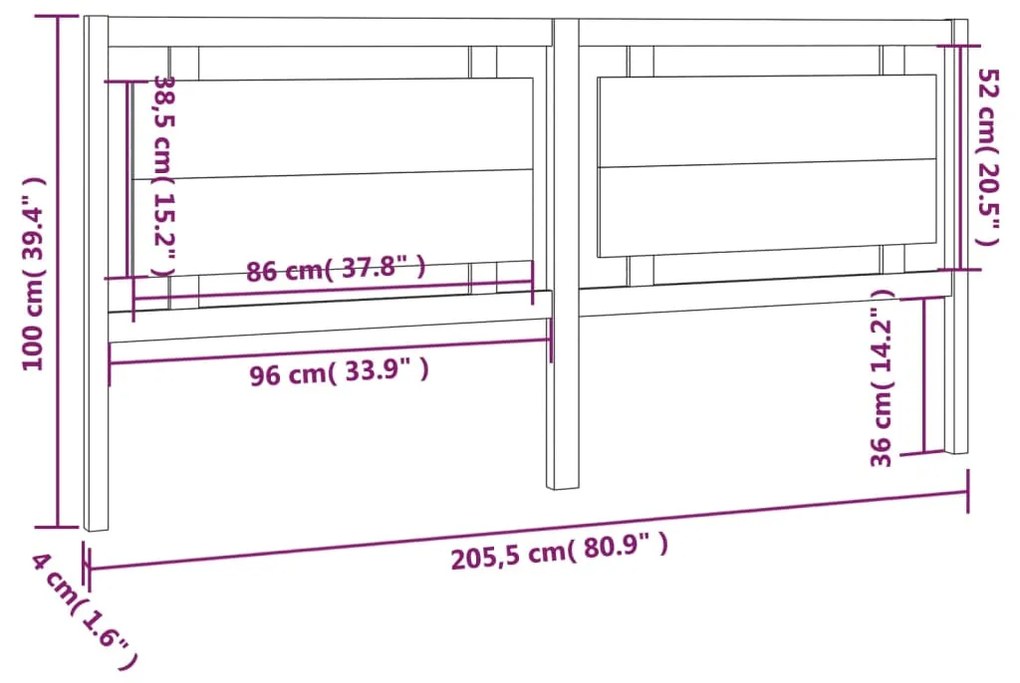 vidaXL Κεφαλάρι κρεβατιού Γκρι 205,5x4x100 εκ. από Μασίφ Ξύλο Πεύκου