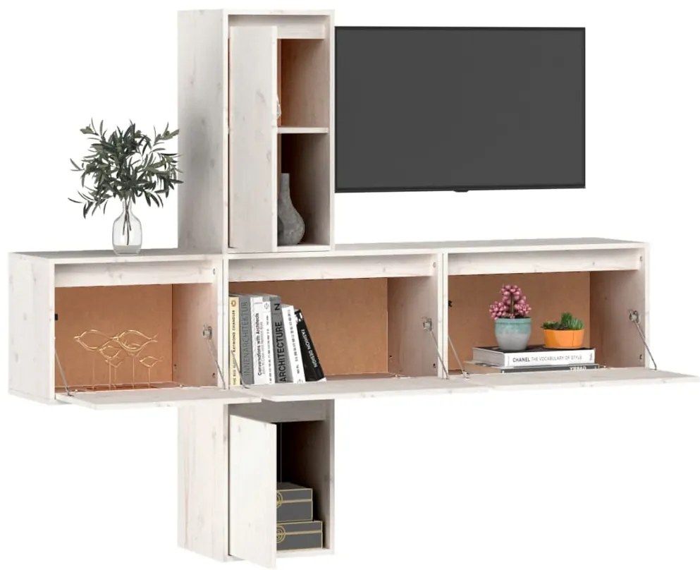 vidaXL Έπιπλα Τηλεόρασης 5 τεμ. Λευκά από Μασίφ Ξύλο Πεύκου