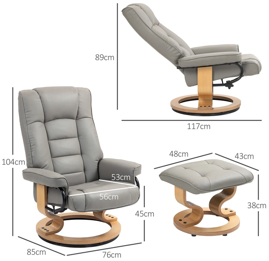 HOMCOM Πολυθρόνα Relax με Υποπόδιο, Περιστρεφόμενη &amp;amp; Ανακλινόμενη, Επένδυση από Τεχνητό Δέρμα, έως 150 kg, Ξύλινο Πλαίσιο, Γκρι