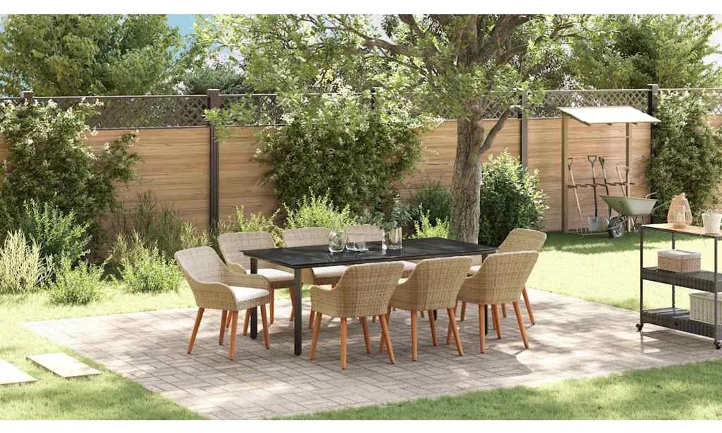 vidaXL Σέτ φαγητού για κήπο με μαξιλάρι 9 pcs Μπεζ συνθετικό ρατάν