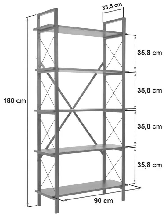 Βιβλιοθήκη Elysian Megapap χρώμα καρυδί - μαύρο 90x33,5x180εκ.