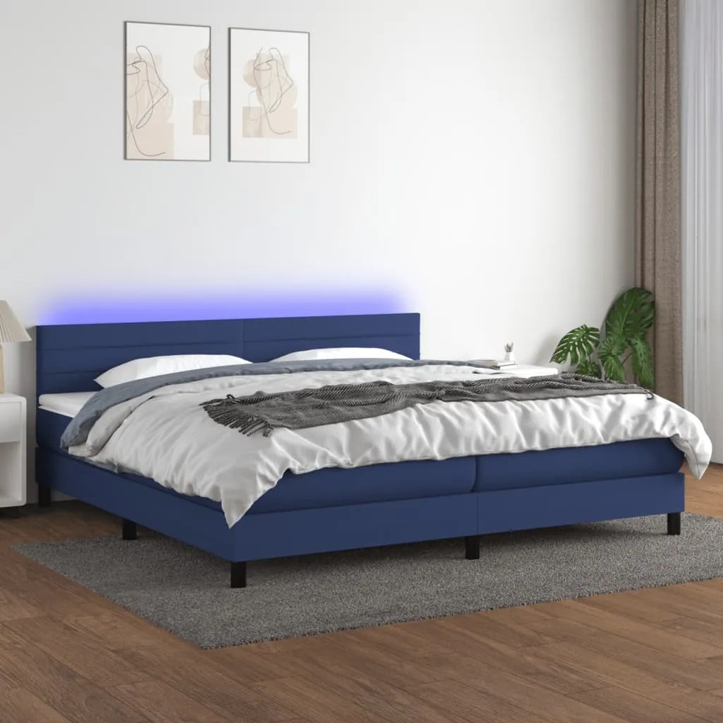 Κρεβάτι Boxspring με Στρώμα &amp; LED Μπλε 200x200 εκ. Υφασμάτινο