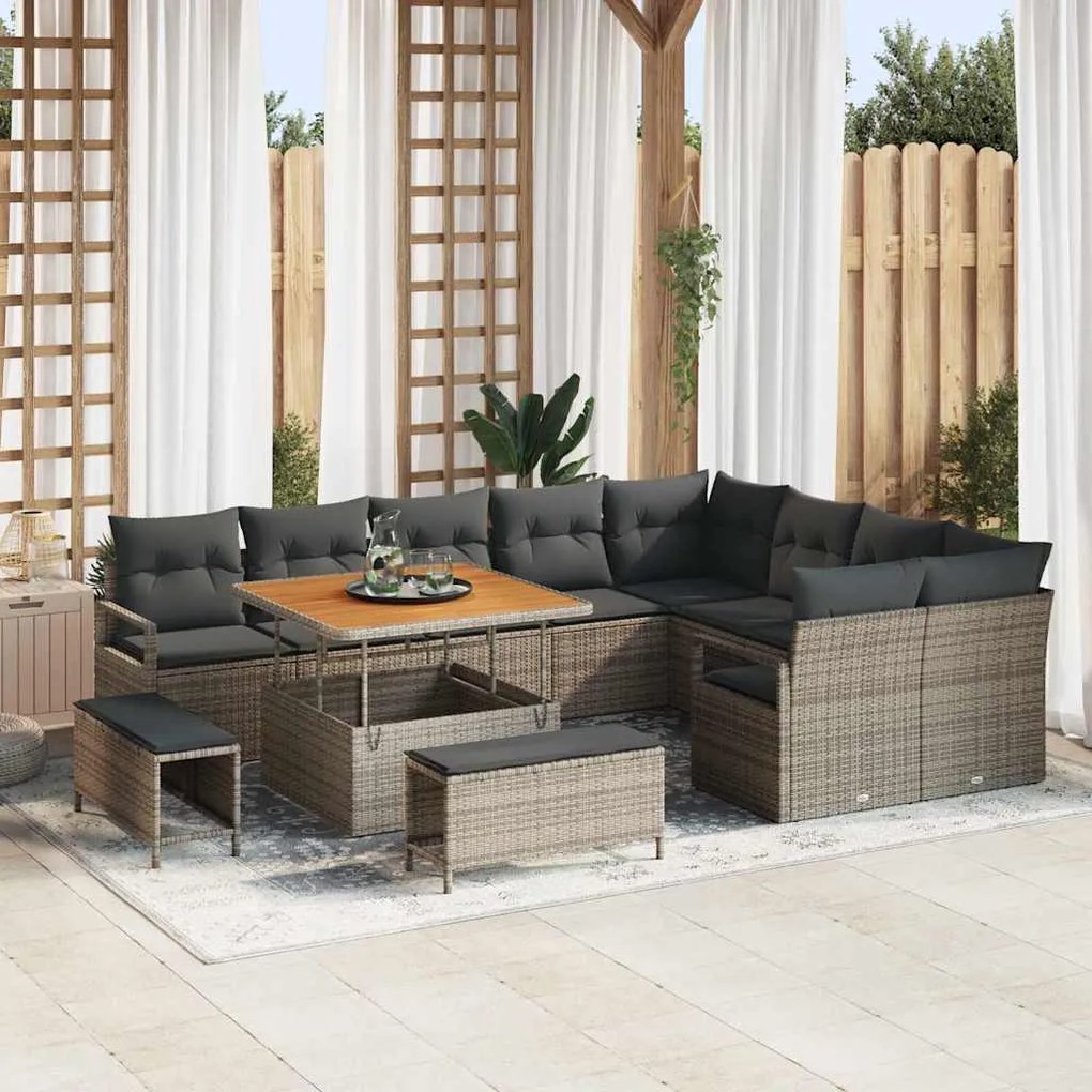 vidaXL Σετ Καναπέ Κήπου με μαξιλάρι 12 pcs Γκρι Πολυ ράταν