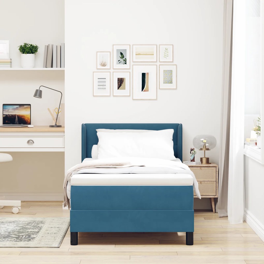 vidaXL Κρεβάτι Box Spring με Στρώμα Σκούρο Μπλε 90x200 εκ Βελούδο