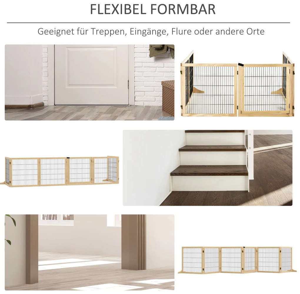 Περίφραγμα ασφαλείας για κατοικίδια, για σκύλους, ξύλο πεύκου, αναδιπλούμενο, 432 x 36 x 70 cm, Φυσικό