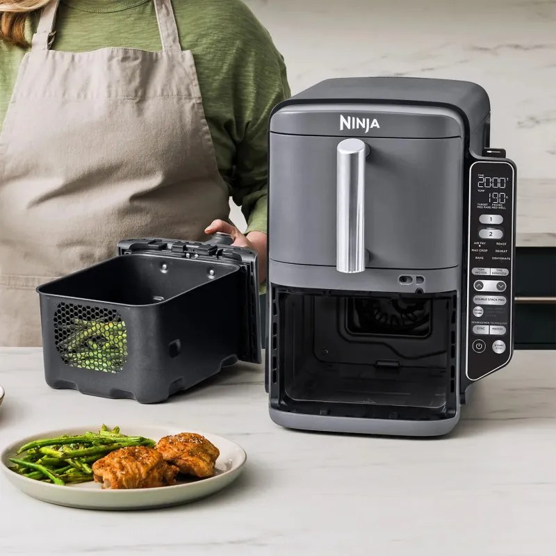 Ninja SL451EU Διπλή φριτέζα ζεστού αέρα, 2470W, 9,5L, ψηφιακό θερμόμετρο, 2 καλάθια, 6 προγράμματα, Max Crisp, Sync & Match, γκρι