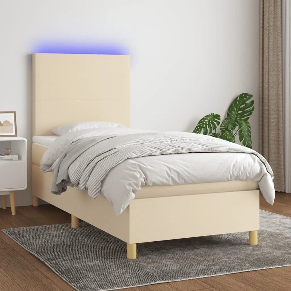 ΚΡΕΒΑΤΙ BOXSPRING ΜΕ ΣΤΡΩΜΑ &amp; LED ΚΡΕΜ 90X190 ΕΚ. ΥΦΑΣΜΑΤΙΝΟ 3135242