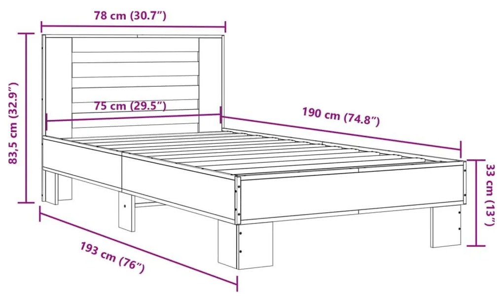 Πλαίσιο Κρεβατιού Γκρι Sonoma 75x190 εκ. Επεξ. Ξύλο &amp; Μέταλλο - Γκρι