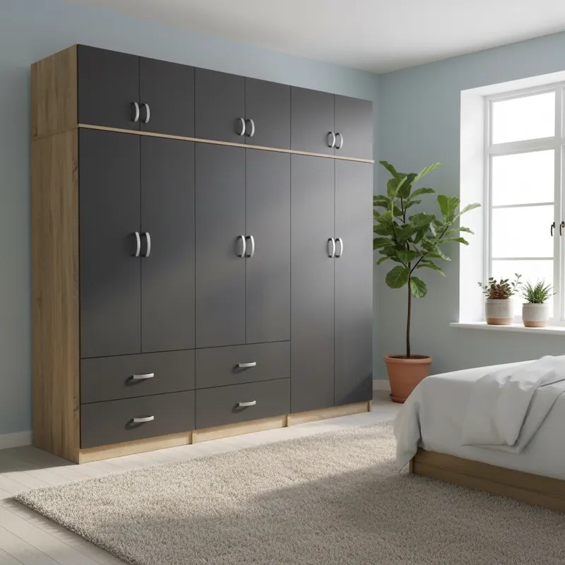 Ντουλάπα εξάφυλλη με πατάρι Lego  sonoma-ανθρακί 240x42x240εκ