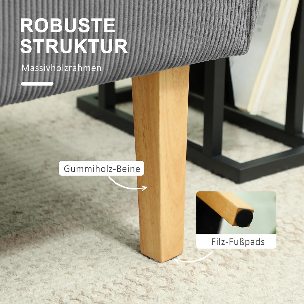 Διθέσιος καναπές HOMCOM με κάλυμμα κοτλέ, παχιά επένδυση και συμπαγή ξύλινα πόδια για σαλόνι, υπνοδωμάτιο, γραφείο, γκρι