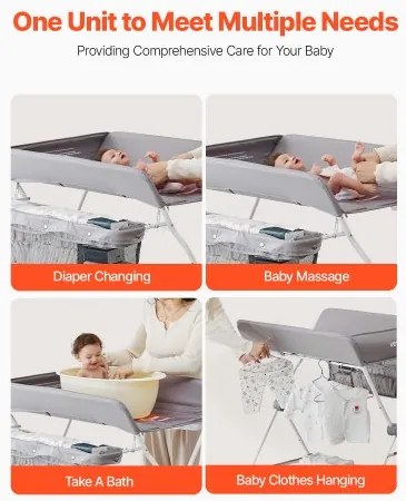 VEVOR Foldable Baby Changing Diaper Station with Side Basket &amp; Wheels Light Gray