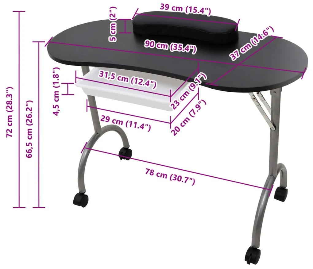 vidaXL Αναδιπλούμενο Τραπέζι Μανικιούρ με Ροδάκια Μαύρο