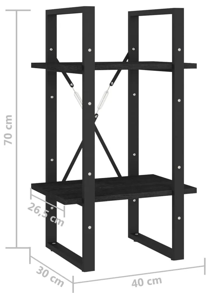 Βιβλιοθήκη με 2 Ράφια Μαύρη 40x30x70 εκ. από Μασίφ Ξύλο Πεύκου - Μαύρο