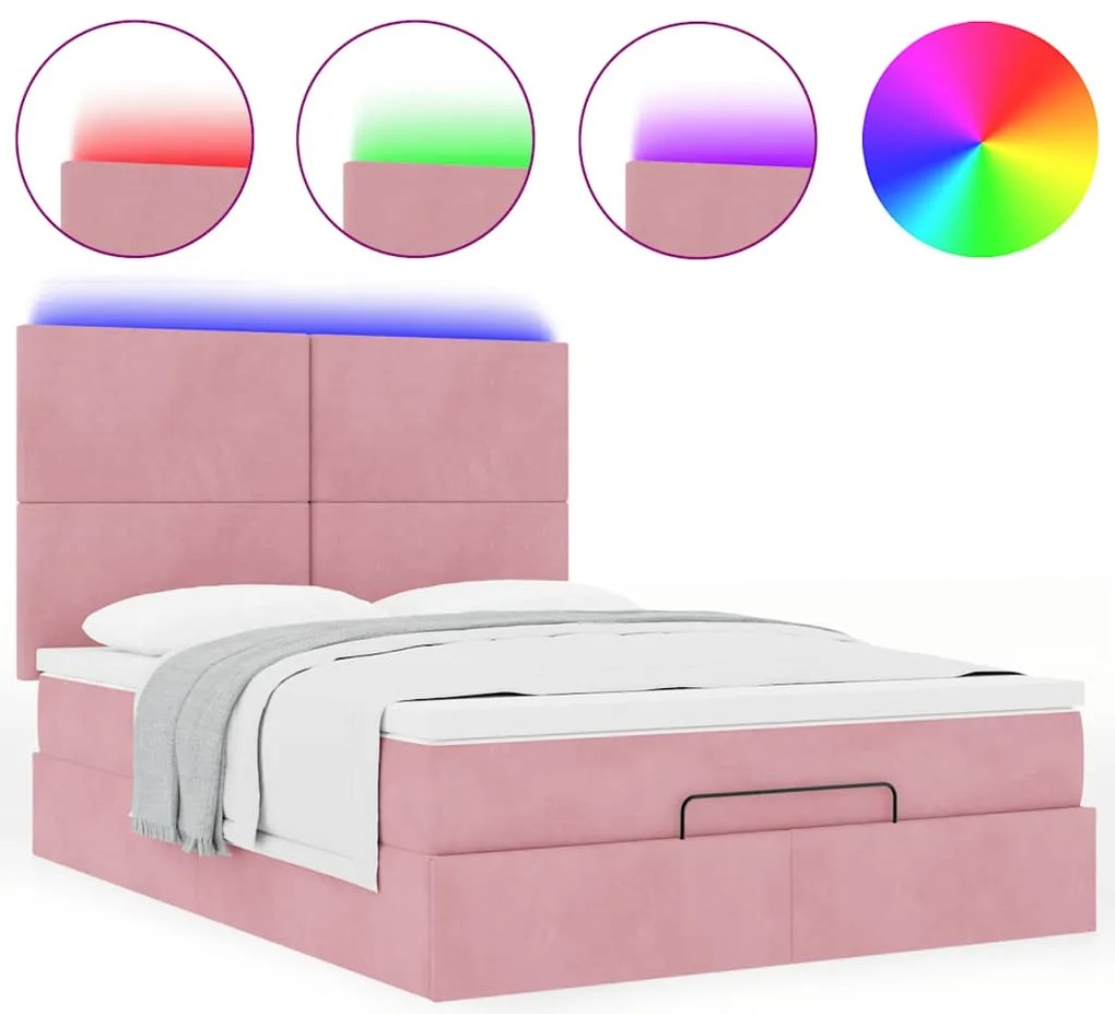vidaXL Οθωμανικό κρεβάτι με στρώματα & LEDs Ροζ 140x190cm Βελούδο