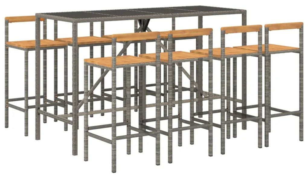 vidaXL Σετ Μπαρ Κήπου 9 Τεμαχίων Γκρι Συνθ. Ρατάν &amp; Μασίφ Ξύλο Ακακίας