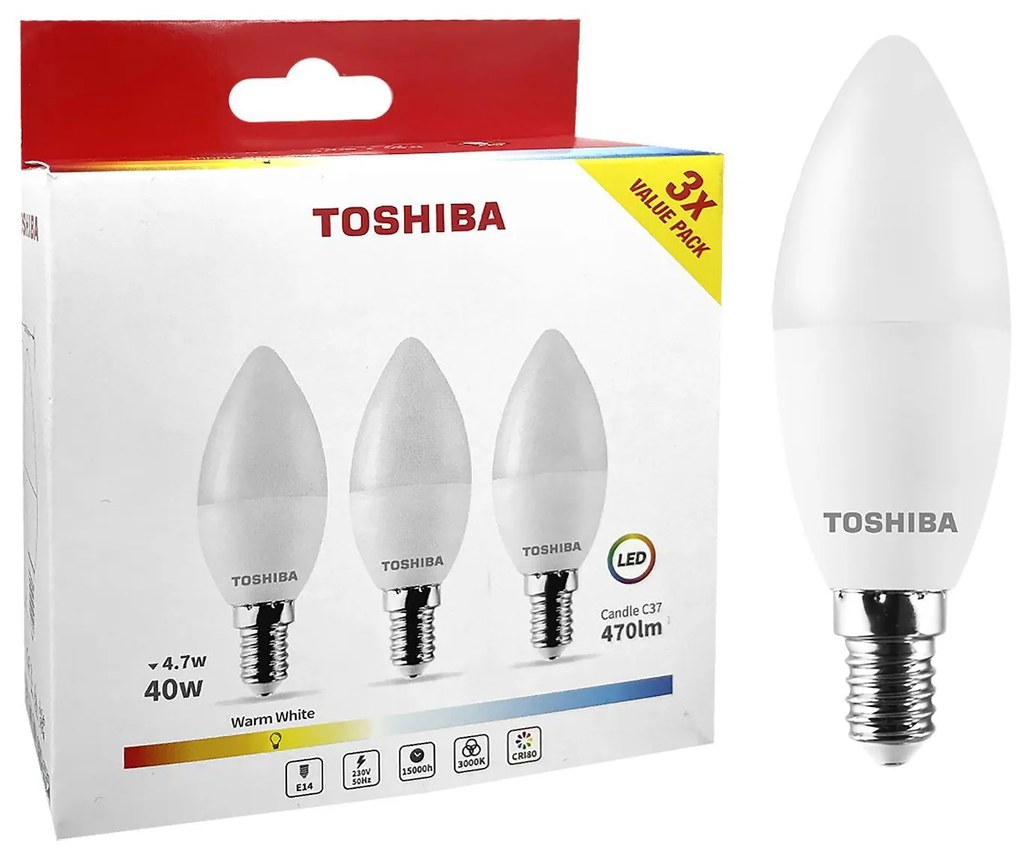 Λάμπες led toshiba κερί σετ=3 τεμ n_3pack c37 e14 4,7w 3000k  Toshiba 00168872 88-455