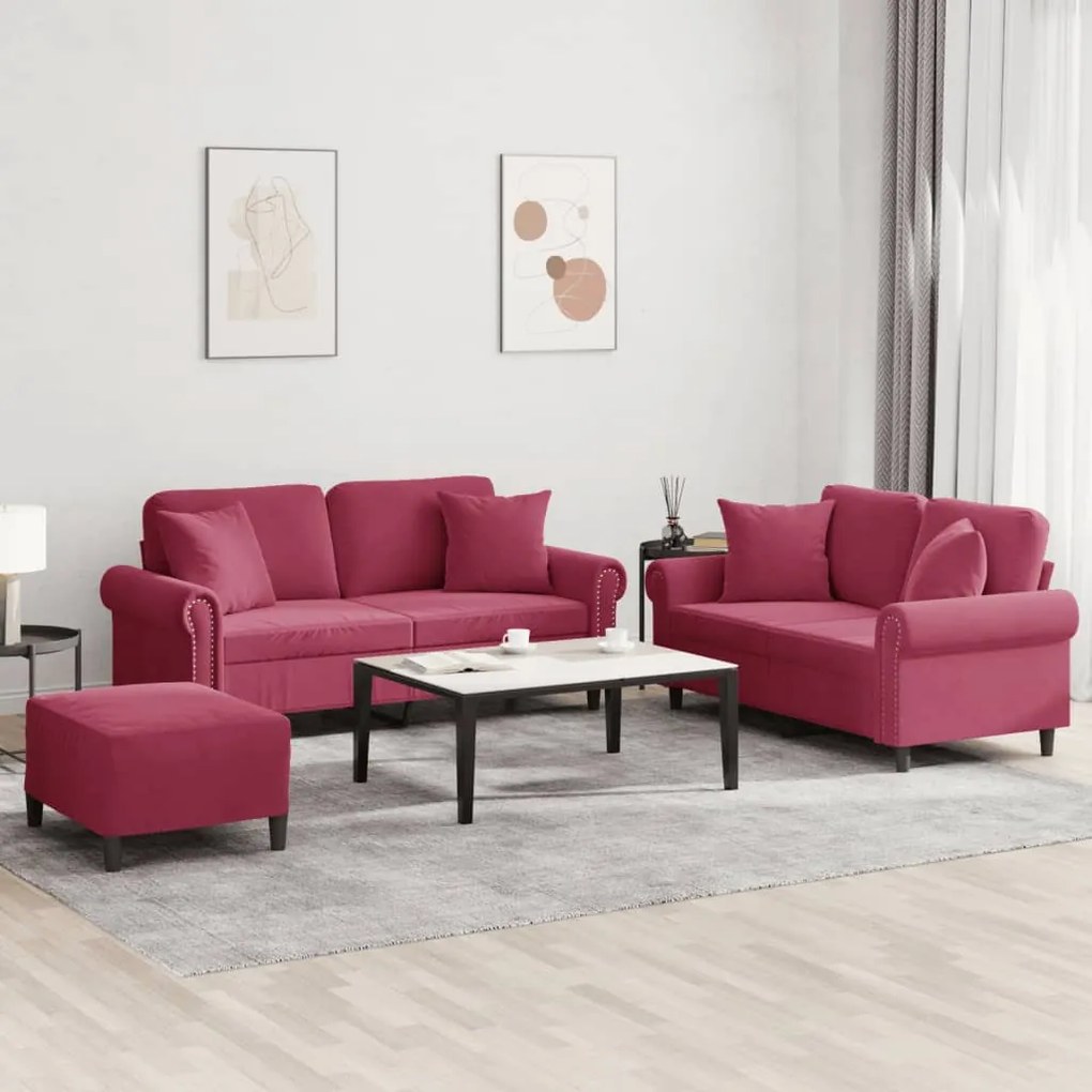 vidaXL Σετ Σαλονιού 3 Τεμαχίων Μπορντό Βελούδινες με Μαξιλάρια