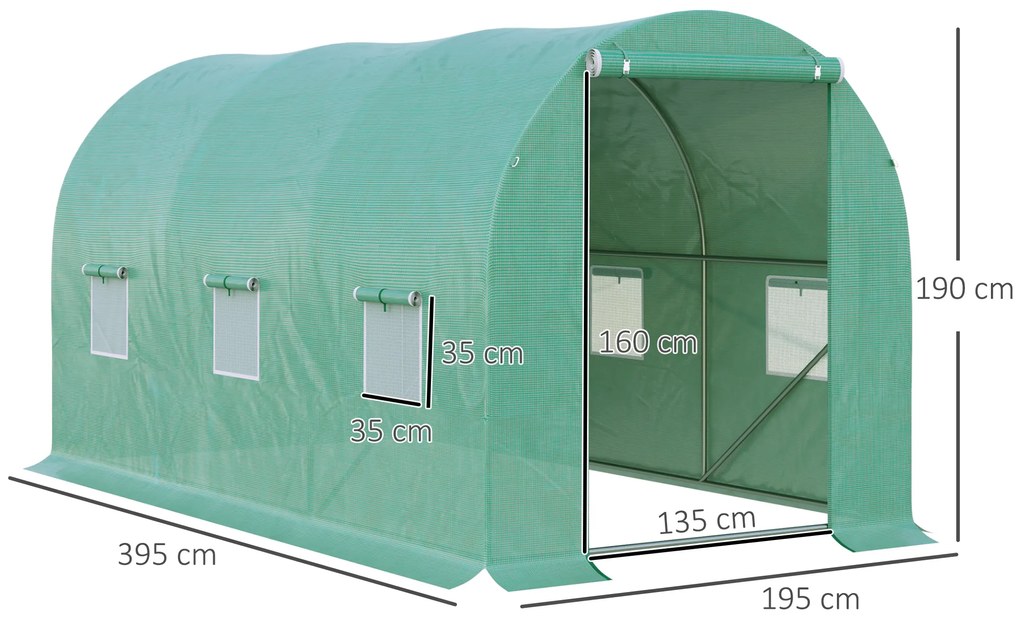 Outsunny Θερμοκήπιο με καμάρα, 6 παράθυρα με δίχτυ, διαφανές κάλυμμα, μεταλλικός σκελετός, 3,95 x 1,95 x 1,90μ, Πράσινο