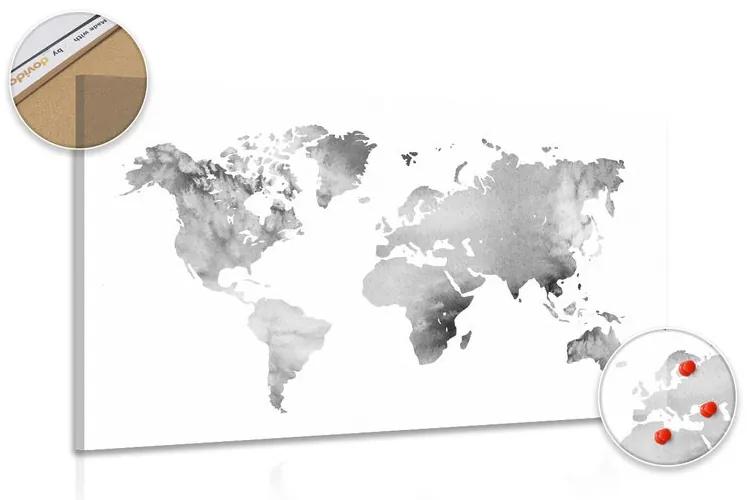 Εικόνα στον παγκόσμιο χάρτη από φελλό σε ασπρόμαυρο σχέδιο ακουαρέλας - 120x80  transparent
