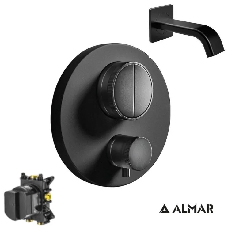 Almar Black matt Στόμιο 14,2cm Φ31mm+Thermo-Core Push Θερμοστατικός μίκτης εντοιχισμού 2 εξόδων+κιτ εντοιχισμού