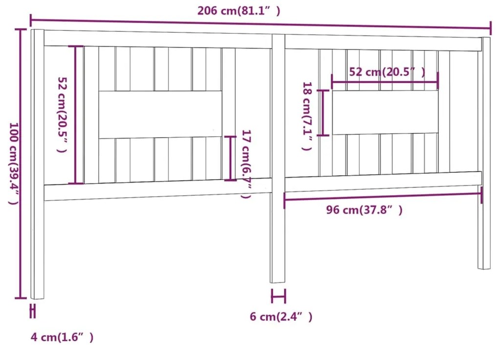 vidaXL Κεφαλάρι Κρεβατιού Μαύρο 206 x 4 x 100 εκ. Μασίφ Ξύλο Πεύκου