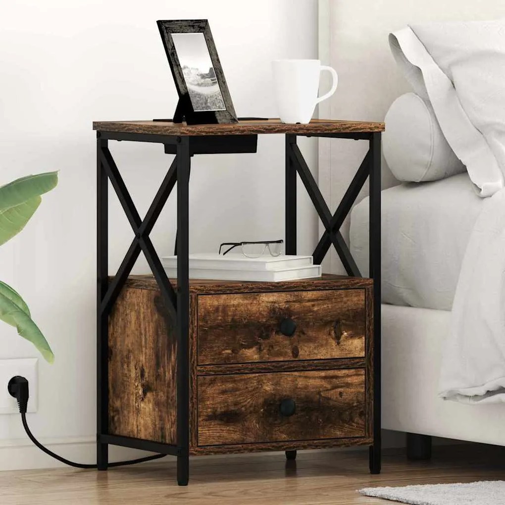 vidaXL Κομοδίνο με Σταθμό Φόρτισης με συρτάρι 2 pcs Καπνιστή δρυς
