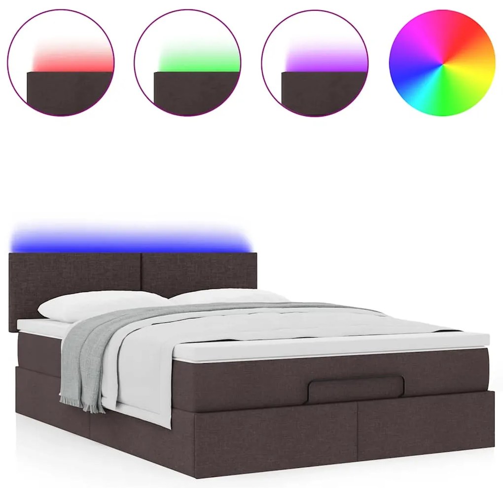 vidaXL Οθωμανικό κρεβάτι με στρώμα & LEDs Σκούρο καφέ 140x200cm ύφασμα
