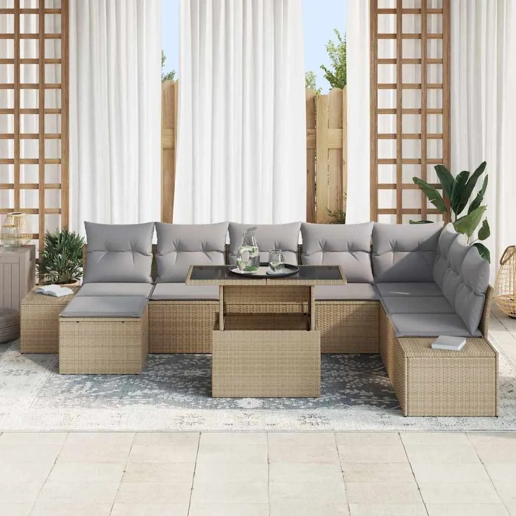 vidaXL Σετ Καναπέ Κήπου με μαξιλάρι 9 pcs μπεζ και ανοιχτό γκρι