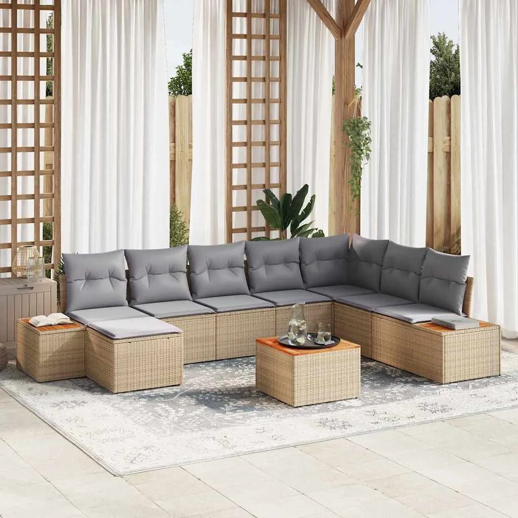 vidaXL Σετ Καναπέ Κήπου με μαξιλάρι 9 pcs Μπεζ Πολυ ράταν