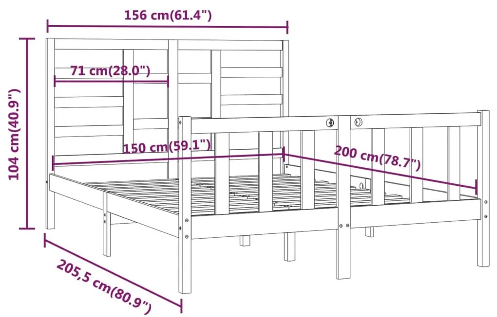 Πλαίσιο Κρεβατιού Γκρι 150 x 200 εκ. Μασίφ Ξύλο King Size - Γκρι