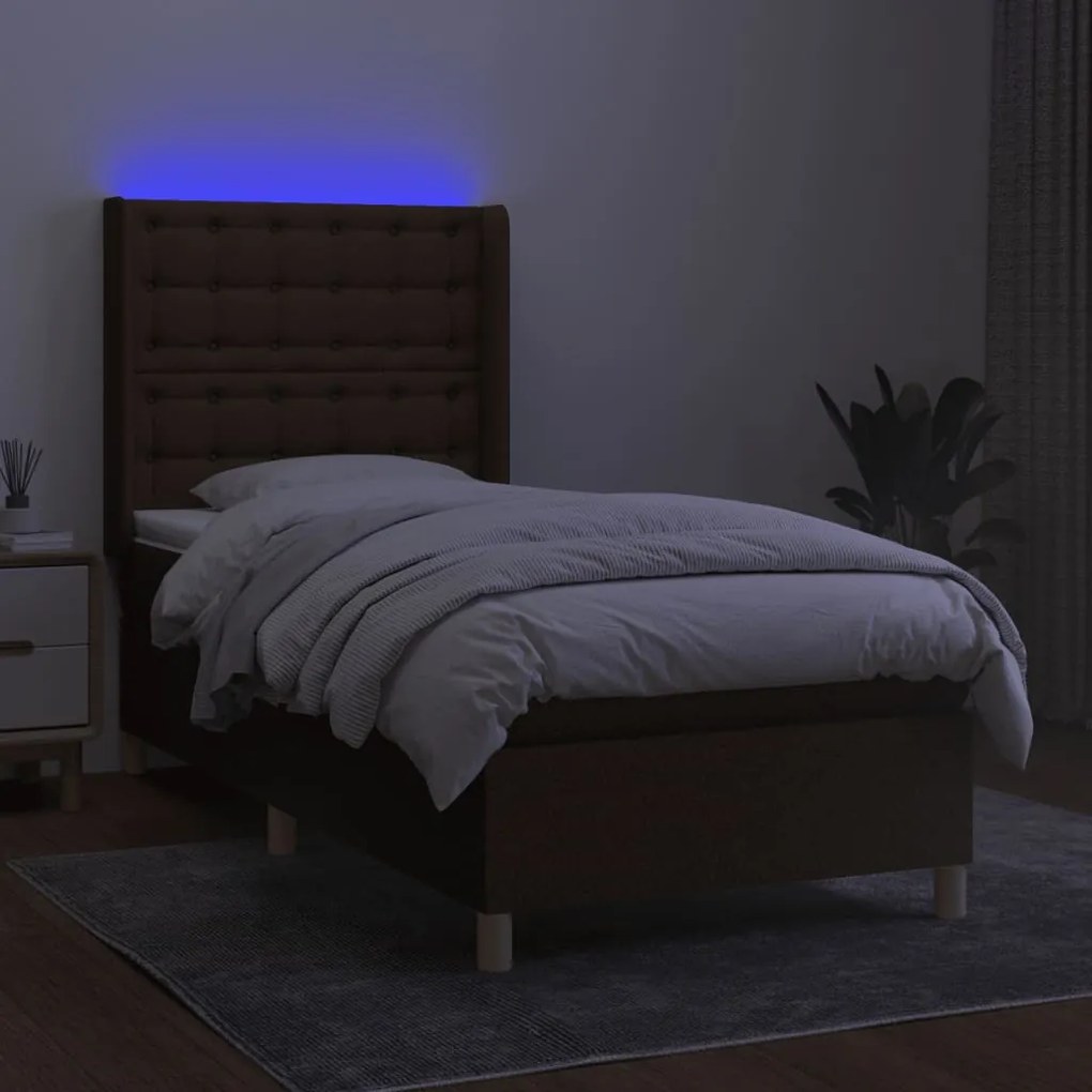 vidaXL Κρεβάτι Boxspring με Στρώμα &amp; LED Σκ.Καφέ 90x190 εκ. Υφασμάτινο