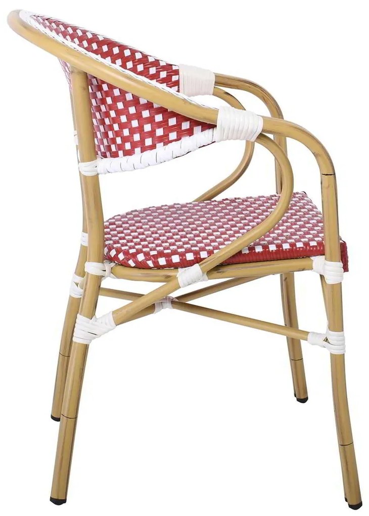 VEGERA Πολυθρόνα Dining Αλουμίνιο Φυσικό, Wicker Άσπρο - Κόκκινο, Στοιβαζόμενη