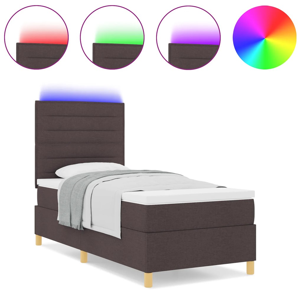 vidaXL Box Spring Κρεβάτι με Στρώμα & LED Σκούρο Καφέ 90x200 cm Ύφασμα