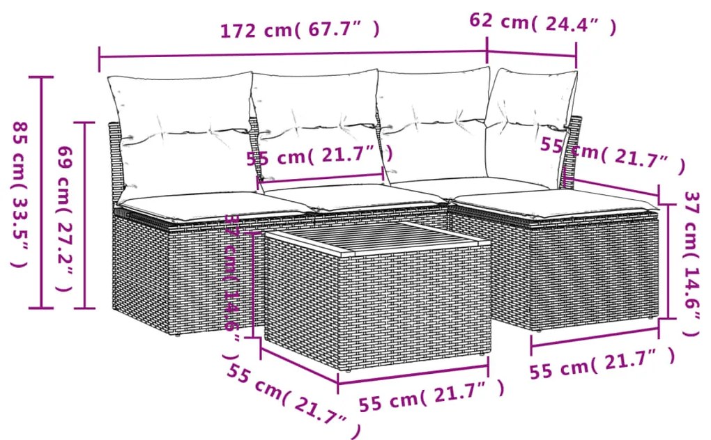 vidaXL Σετ Καναπέ Κήπου 5 Τεμαχίων Μαύρο Συνθετικό Ρατάν με Μαξιλάρια