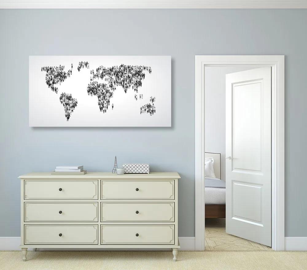 Εικόνα ενός παγκόσμιου χάρτη από φελλό που αποτελείται από άτομα σε μαύρο & άσπρο - 100x50  arrow
