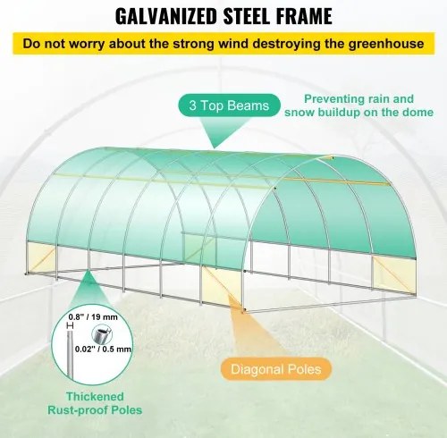 VEVOR Walk-in Tunnel Greenhouse, 20 x 10 x 7 ft Portable Plant Hot House w/ Galvanized Steel Hoops, 3 Top Beams, 4 Diagonal Poles, 2 Zippered Doors &amp; 12 Roll-up Windows, White