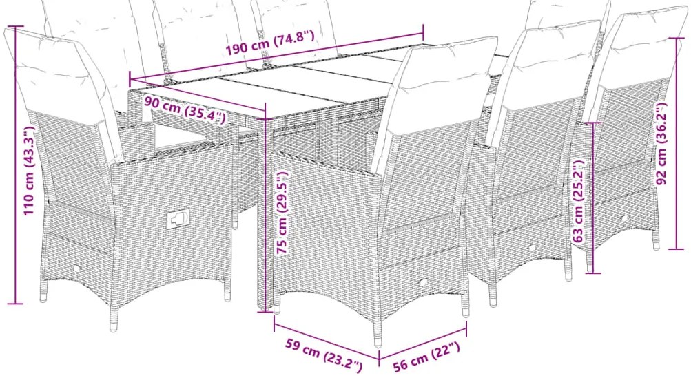 vidaXL Σετ Τραπεζαρίας Κήπου 9 τεμ. Γκρι Συνθ. Ρατάν με Μαξιλάρια