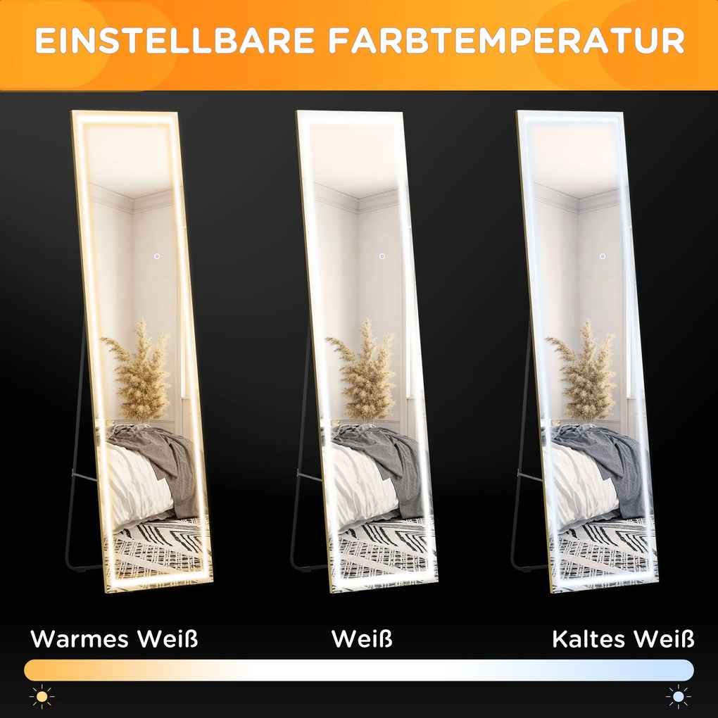 HOMCOM 2 σε 1 Καθρέφτης Ολόσωμος με Φωτισμό LED, Ελεύθερος, Επιτοίχιος, Ρυθμιζόμενος, 40 cm x 37 cm x 156,5 cm, Ασημί