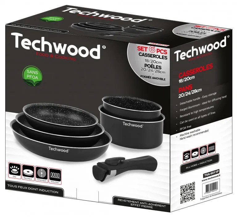 Σετ κατσαρολών Techwood TSA-6611P, 6 τεμαχίων, αποσπώμενη λαβή, αντικολλητική επίστρωση, χωρίς PFOA, επαγωγικό, μαύρο