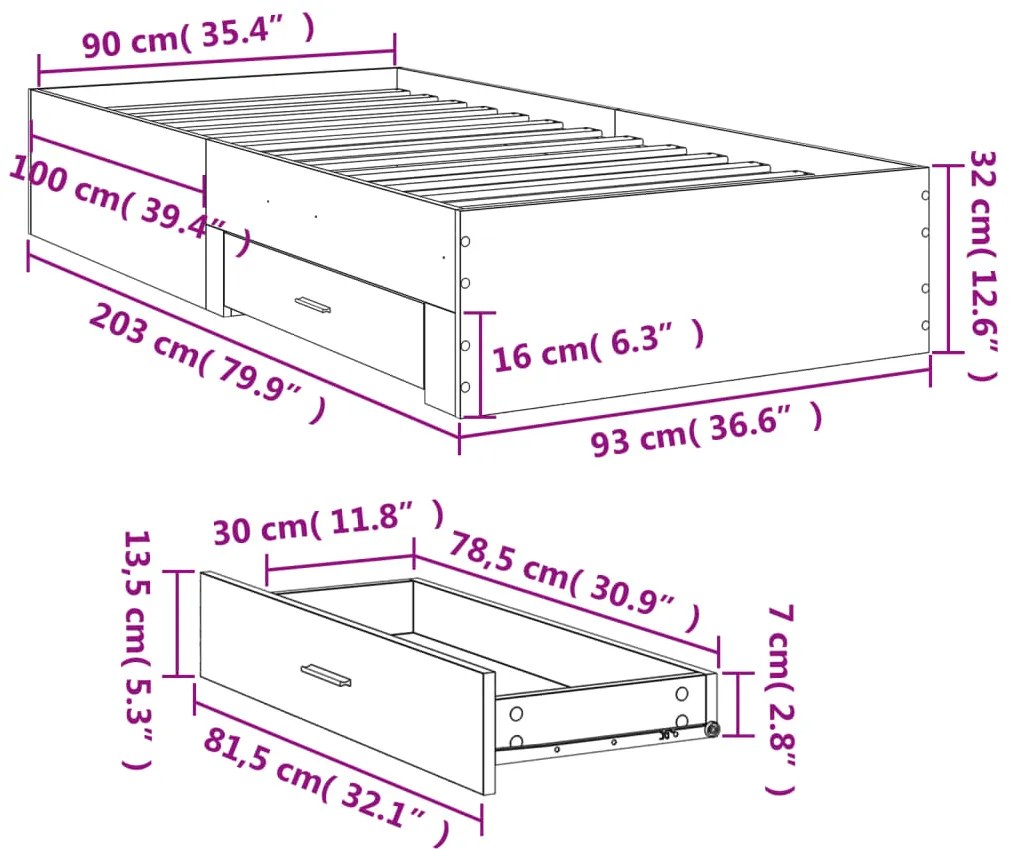 Πλαίσιο Κρεβατιού με συρτάρια Γκρι sonoma 90x200εκ. Επεξ. Ξύλο - Γκρι