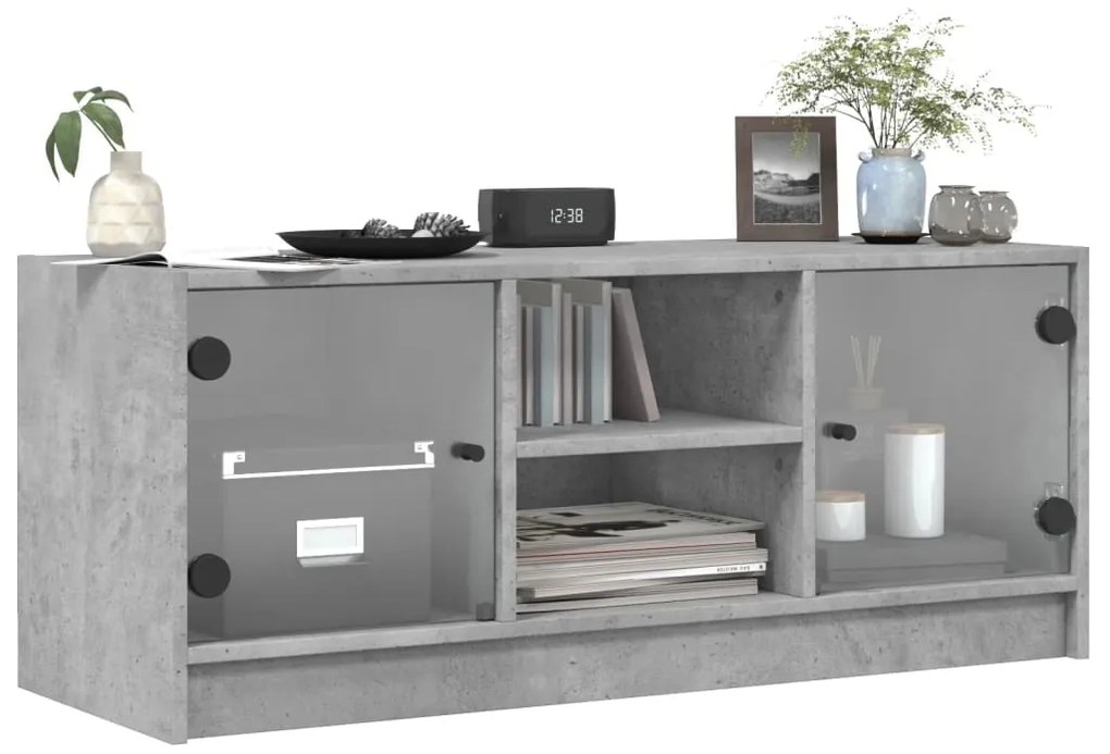 vidaXL Έπιπλο Τηλεόρασης Γκρι Σκυροδ. 102x37x42 εκ. Γυάλινες Πόρτες