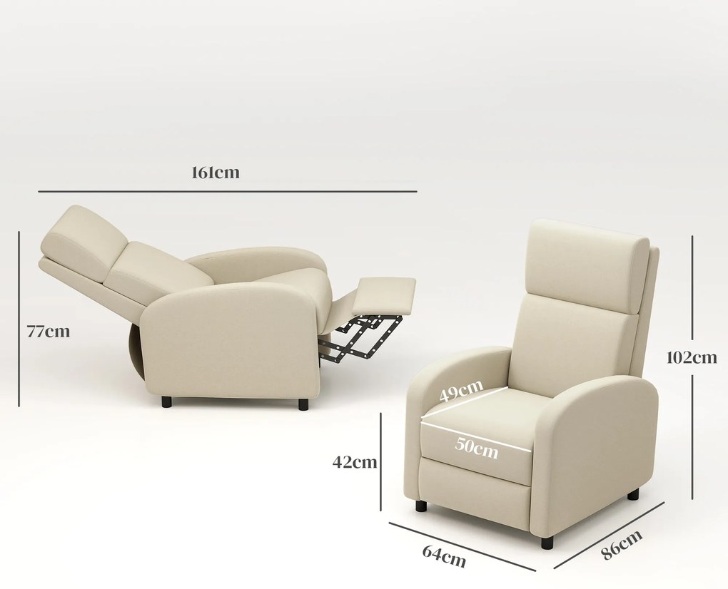 HOMCOM Πολυθρόνα Relax, Ανακλινόμενη, έως 160°, 64 x 86 x 102 cm, Κρεμ