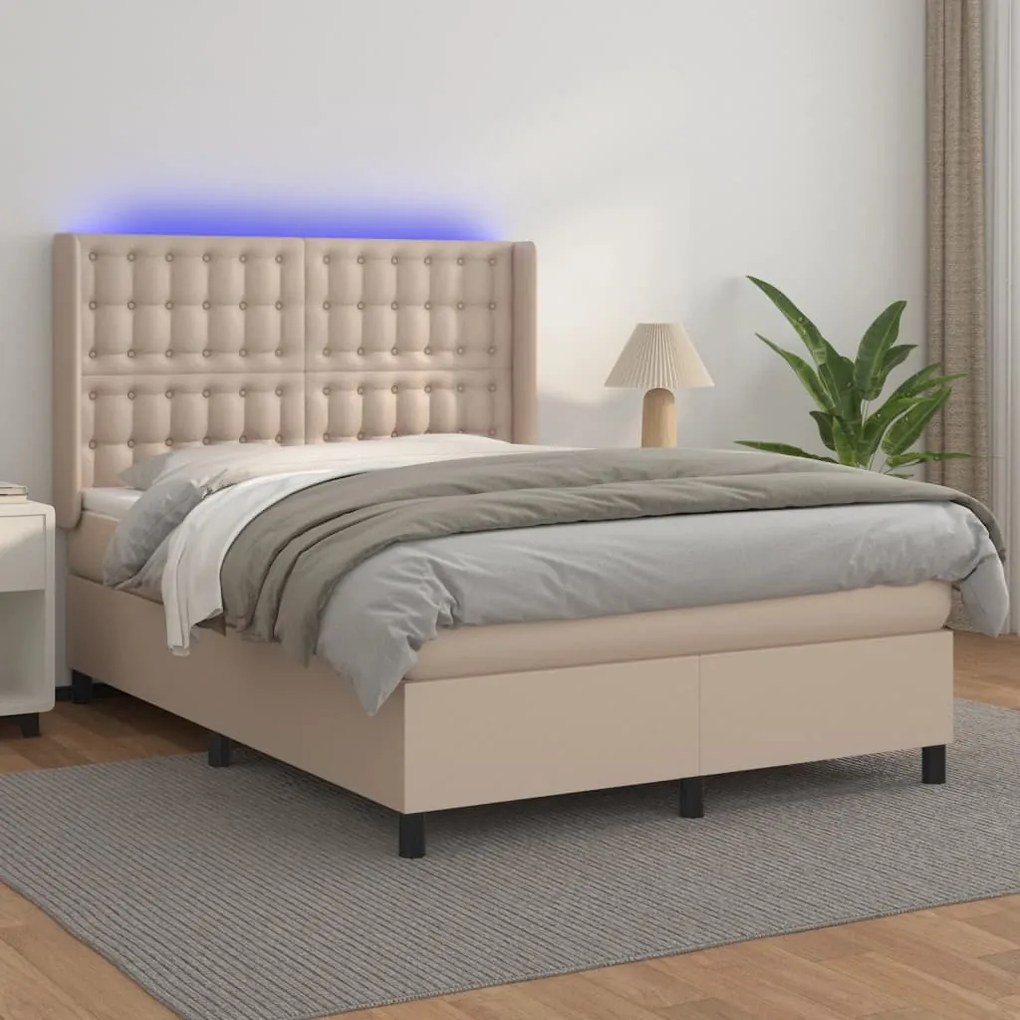 vidaXL Κρεβάτι Boxspring Στρώμα&LED Καπουτσίνο 140x190 εκ. Συνθ. Δέρμα