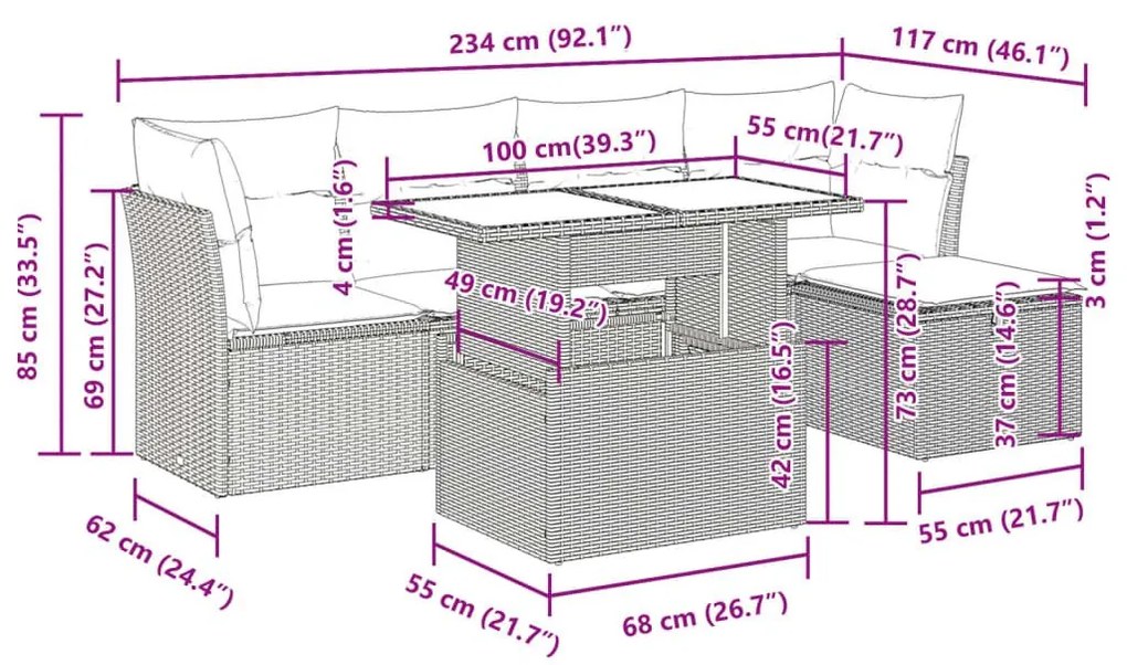 Σαλόνι Κήπου Σετ 6 Τεμαχίων Γκρι Συνθετικό Ρατάν με Μαξιλάρια - Γκρι