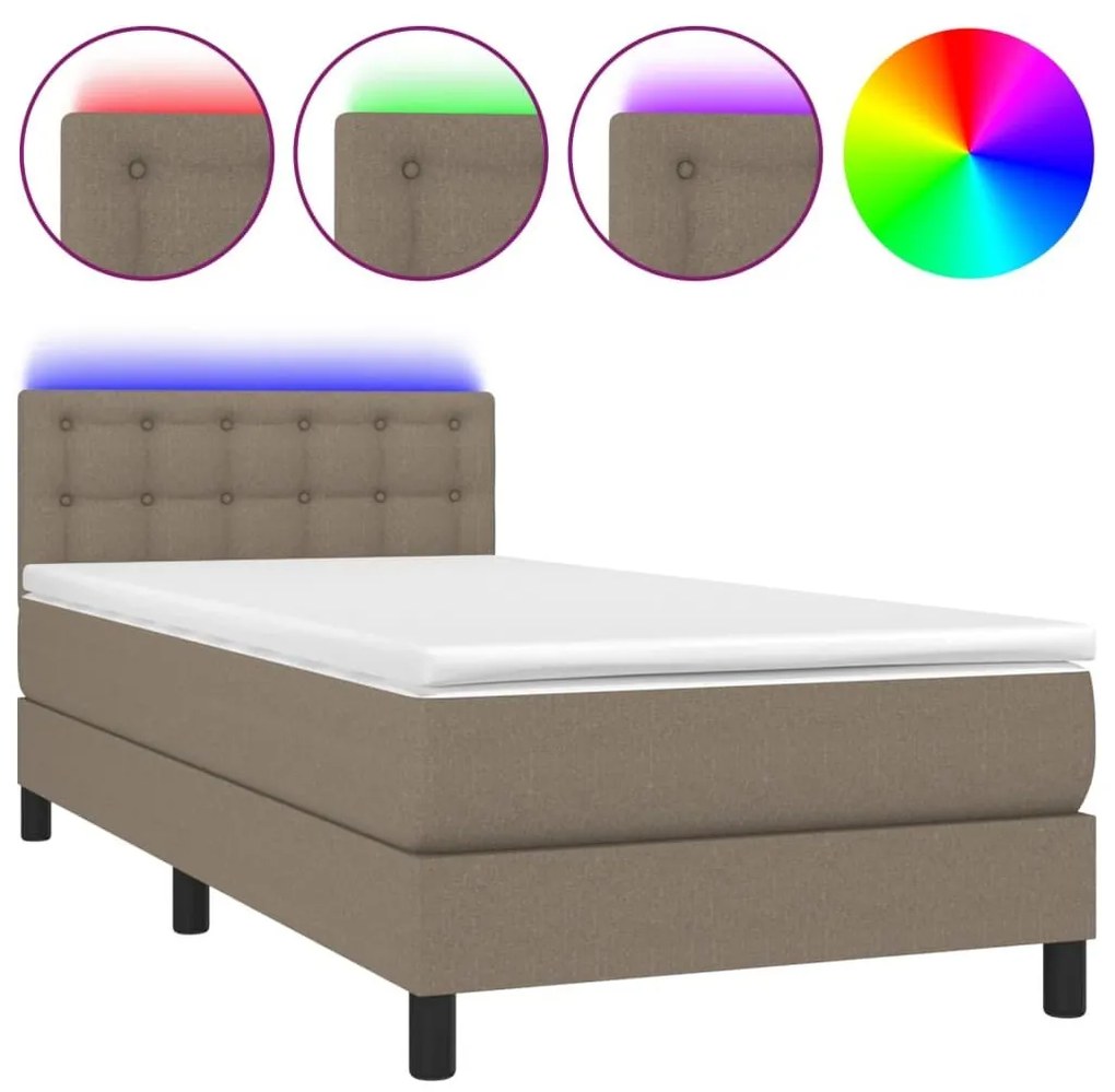 Κρεβάτι Boxspring με Στρώμα &amp; LED Taupe 90x200 εκ. Υφασμάτινο - Μπεζ-Γκρι