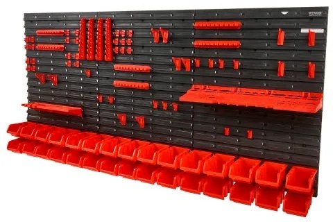 VEVOR Wall Mounted Storage Bins, 30-Bin Parts Rack Organizer Garage Plastic Shop Tool with Wall Panels/Tool Holders/Hooks, Tool Organizer for Nuts, Bolts, Screws, Nails, Beads, Buttons, Black and Red