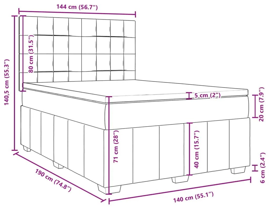 Κρεβάτι Boxspring με Στρώμα Ανοιχτό Γκρι 140x190 εκ. Υφασμάτινο - Γκρι